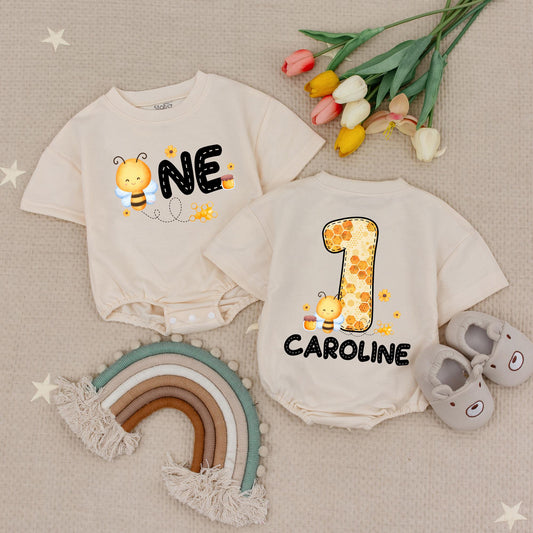 Personalized Bee Happy Birthday Romper, First Birthday Outfit Baby Girl, Custom Name Bee 1st Birthday Bodysuit, Bee Lover Outfit Cute Party Clothes