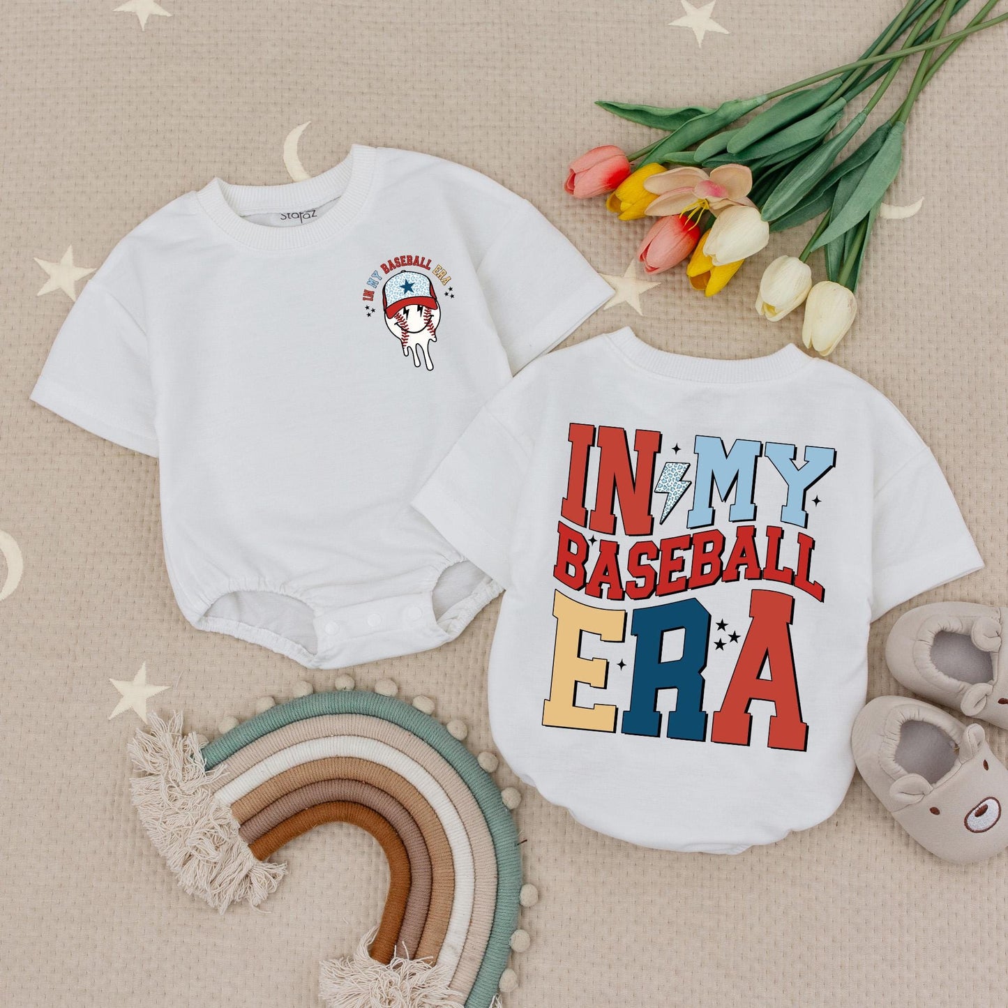 In My Baseball Era Baby Romper: Retro Game Day Outfit with Melting Baseball Graphic, Stars, Red, Yellow & Blue Design, Infant Baseball Season Babysuit 139