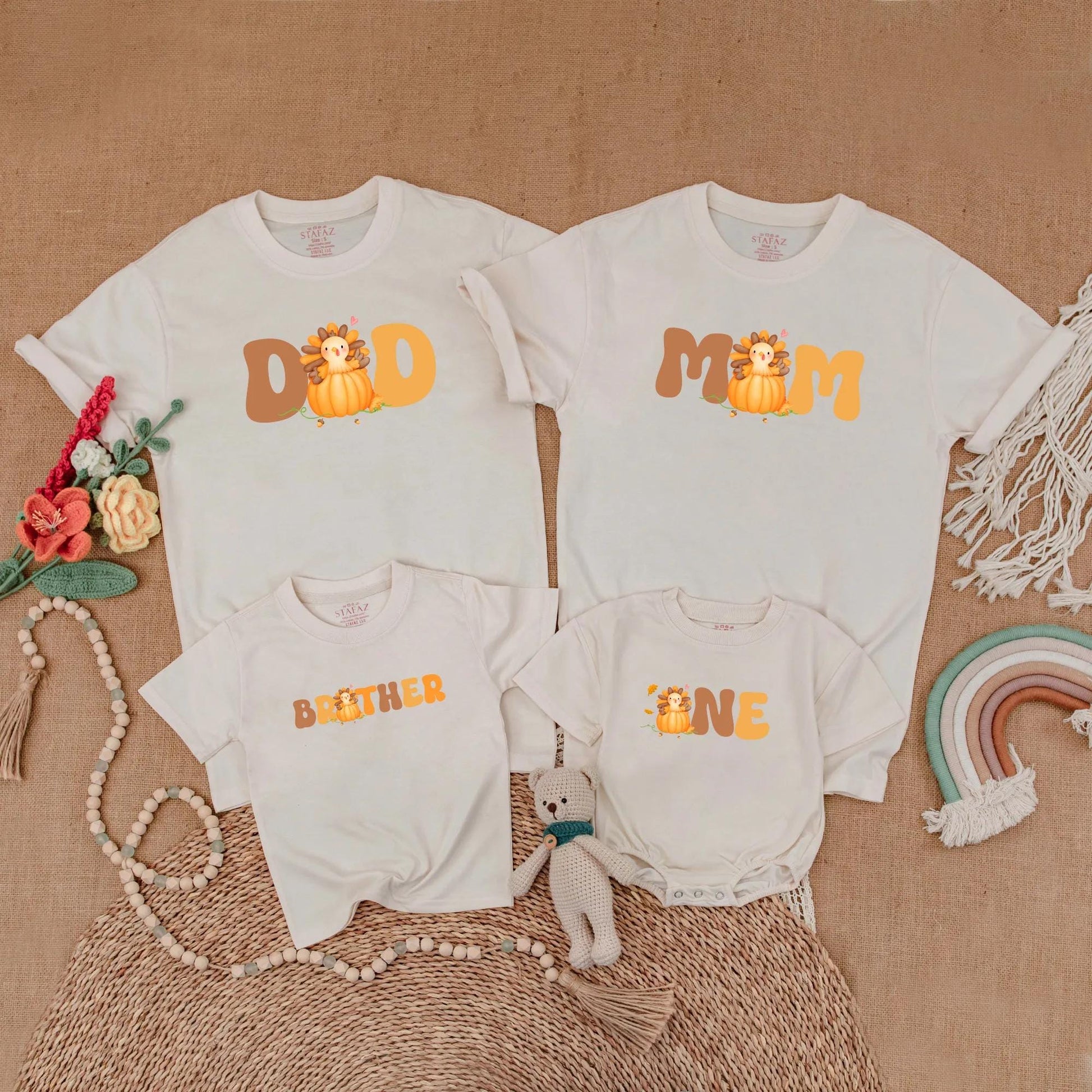 One Little Turkey First Birthday Shirt for Baby Boy or Girl with Matching Family Mom Dad Thanksgiving Outfits