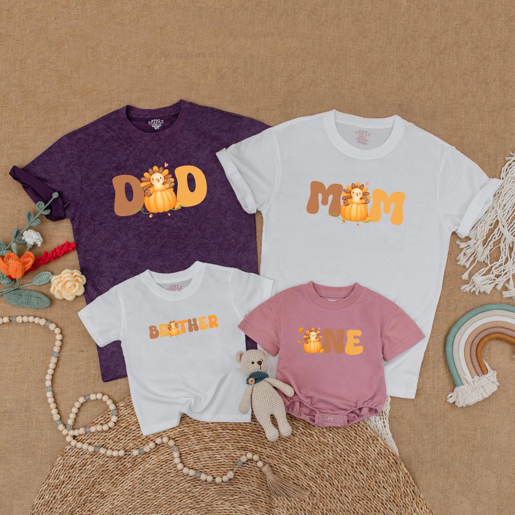 One Little Turkey First Birthday Shirt for Baby Boy or Girl with Matching Family Mom Dad Thanksgiving Outfits