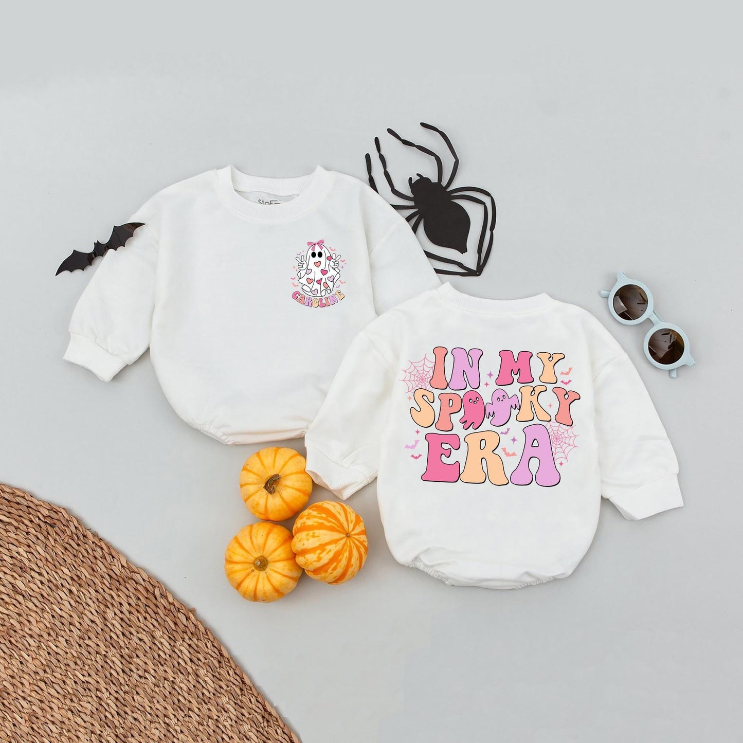 Personalized In My Spooky Era Baby Romper, Retro Halloween Ghost Outfit, Cute Fall Babysuit for Baby Girl/Boy, Whimsical Vintage Design (139 chars)