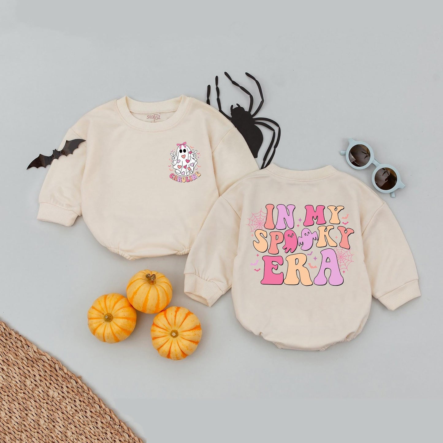 Personalized In My Spooky Era Baby Romper, Retro Halloween Ghost Outfit, Cute Fall Babysuit for Baby Girl/Boy, Whimsical Vintage Design (139 chars)