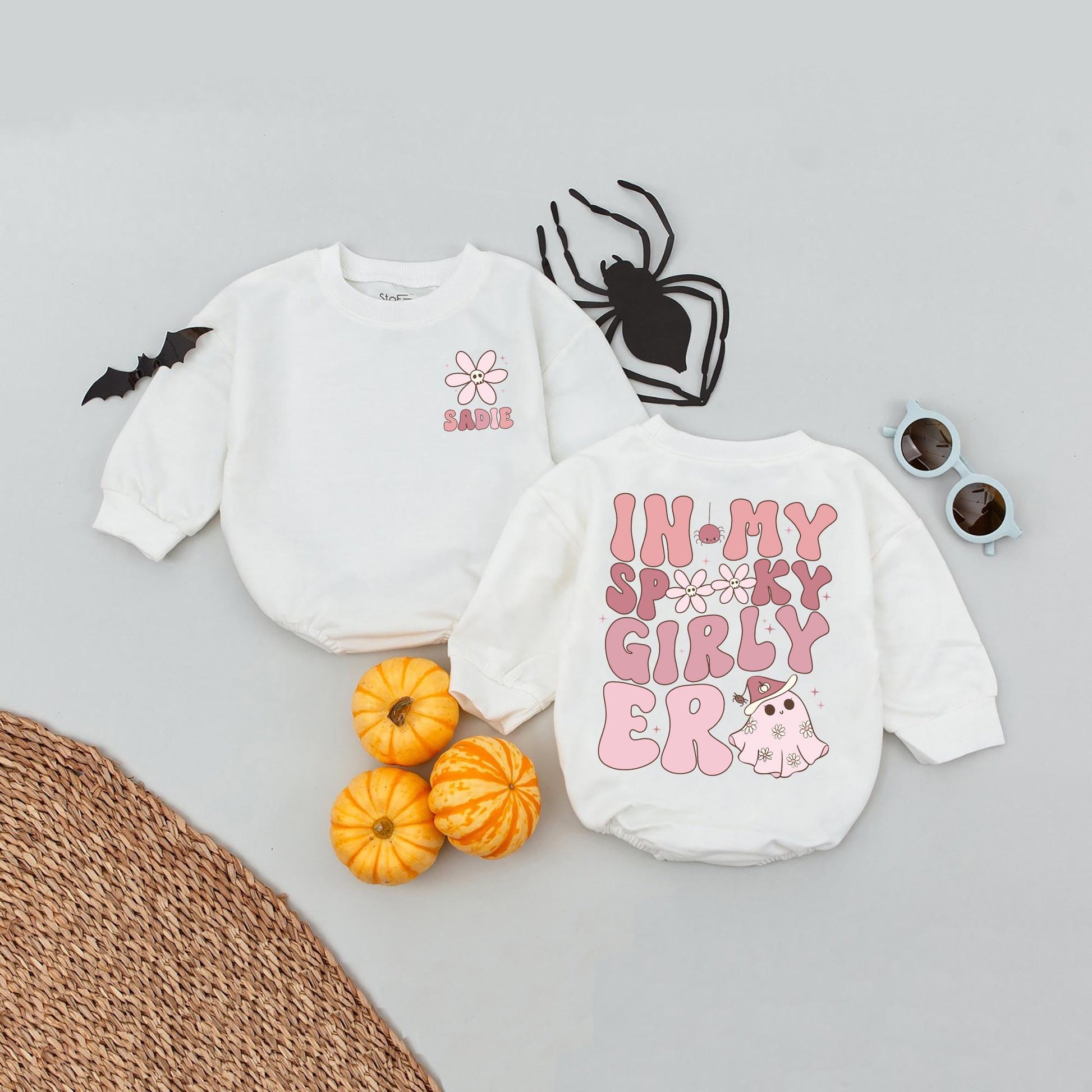 Personalized Spooky Girly Era Romper, Custom Halloween Name Babysuit with Ghost & Flowers, Fun Trick or Treat Outfit for Baby Girl, Witch Toddler Shirt 139 Chars