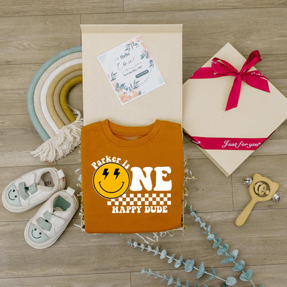One Happy Dude Birthday Bodysuit First Birthday Smiley Face Outfit for Baby Boy Custom Name Personalized