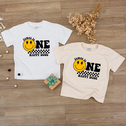 One Happy Dude Birthday Bodysuit First Birthday Smiley Face Outfit for Baby Boy Custom Name Personalized