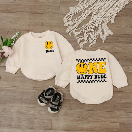 One Happy Dude Bubble Romper Smiley Face Birthday Outfit Custom 1st Birthday Baby Clothes Cake Smash Outfit