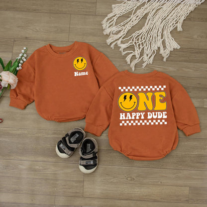 One Happy Dude Bubble Romper Smiley Face Birthday Outfit Custom 1st Birthday Baby Clothes Cake Smash Outfit