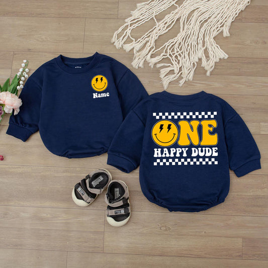 One Happy Dude Bubble Romper Smiley Face Birthday Outfit Custom 1st Birthday Baby Clothes Cake Smash Outfit