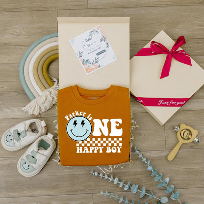 Custom One Happy Boy Birthday Bodysuit Smiley Face Outfit First Birthday Personalized Toddler Clothes