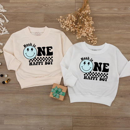 Custom One Happy Boy Birthday Bodysuit Smiley Face Outfit First Birthday Personalized Toddler Clothes