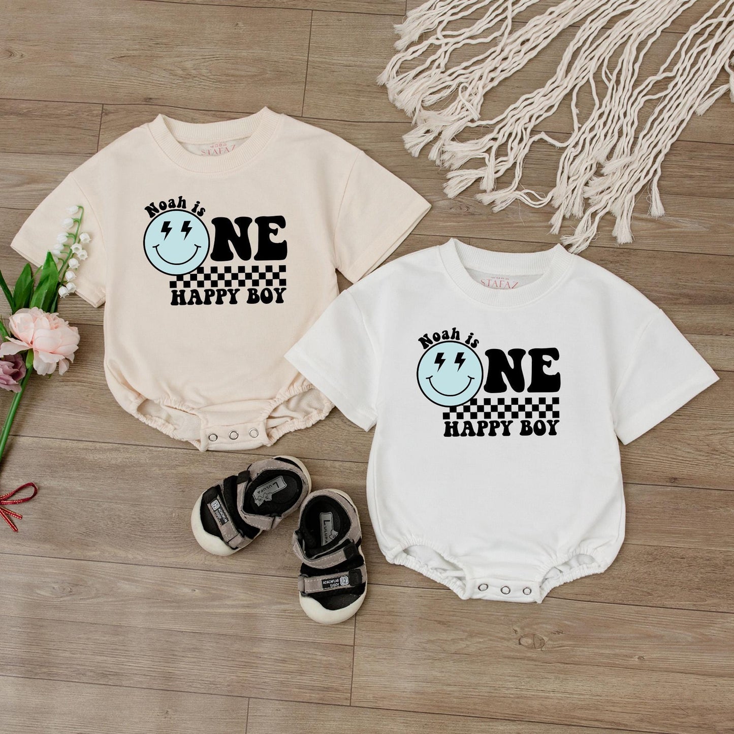 Custom One Happy Boy Birthday Bodysuit Smiley Face Outfit First Birthday Personalized Toddler Clothes