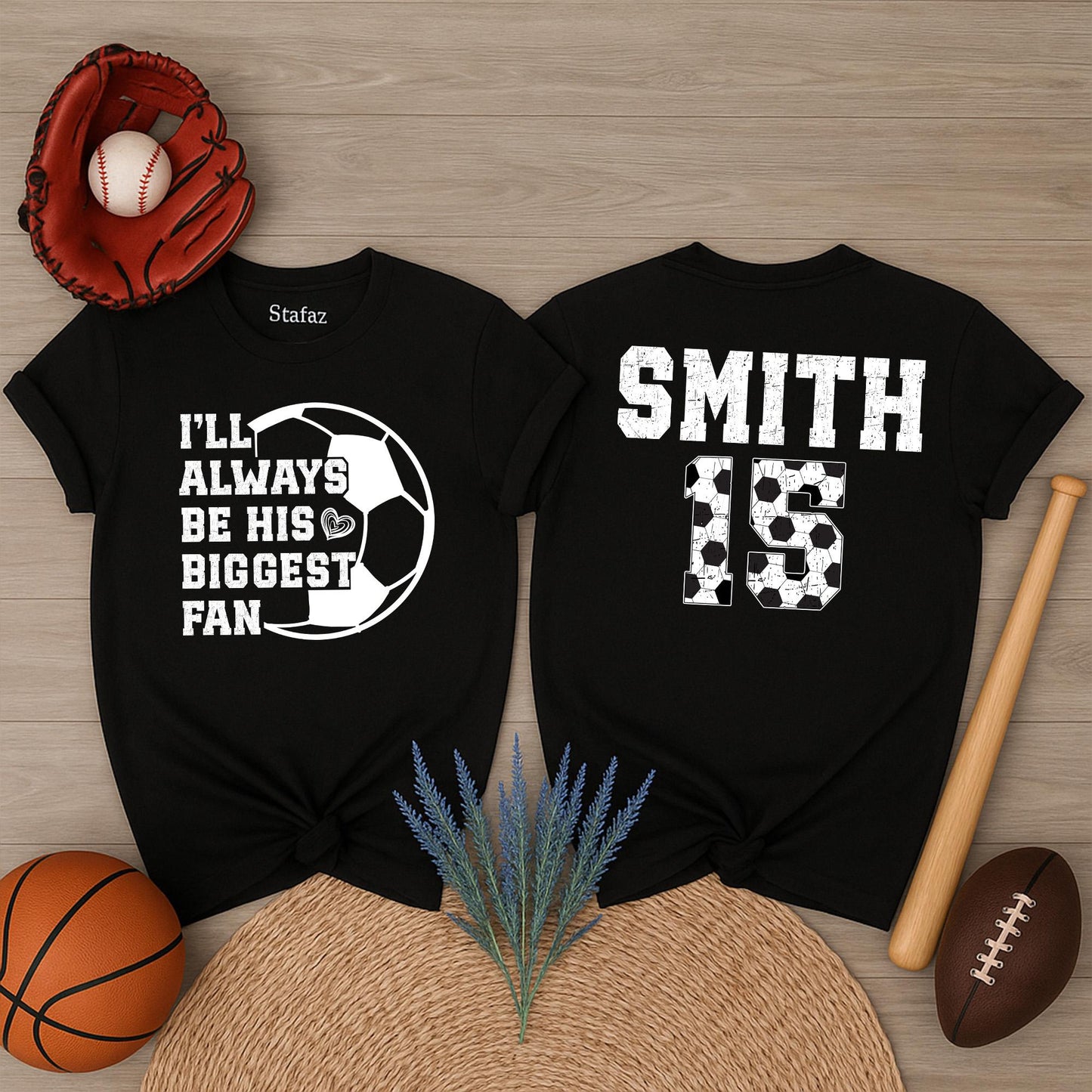 Custom Soccer Mom Shirt - I'll Always Be His Biggest Fan, Personalized Name & Number, Game Day Soccer Tee
