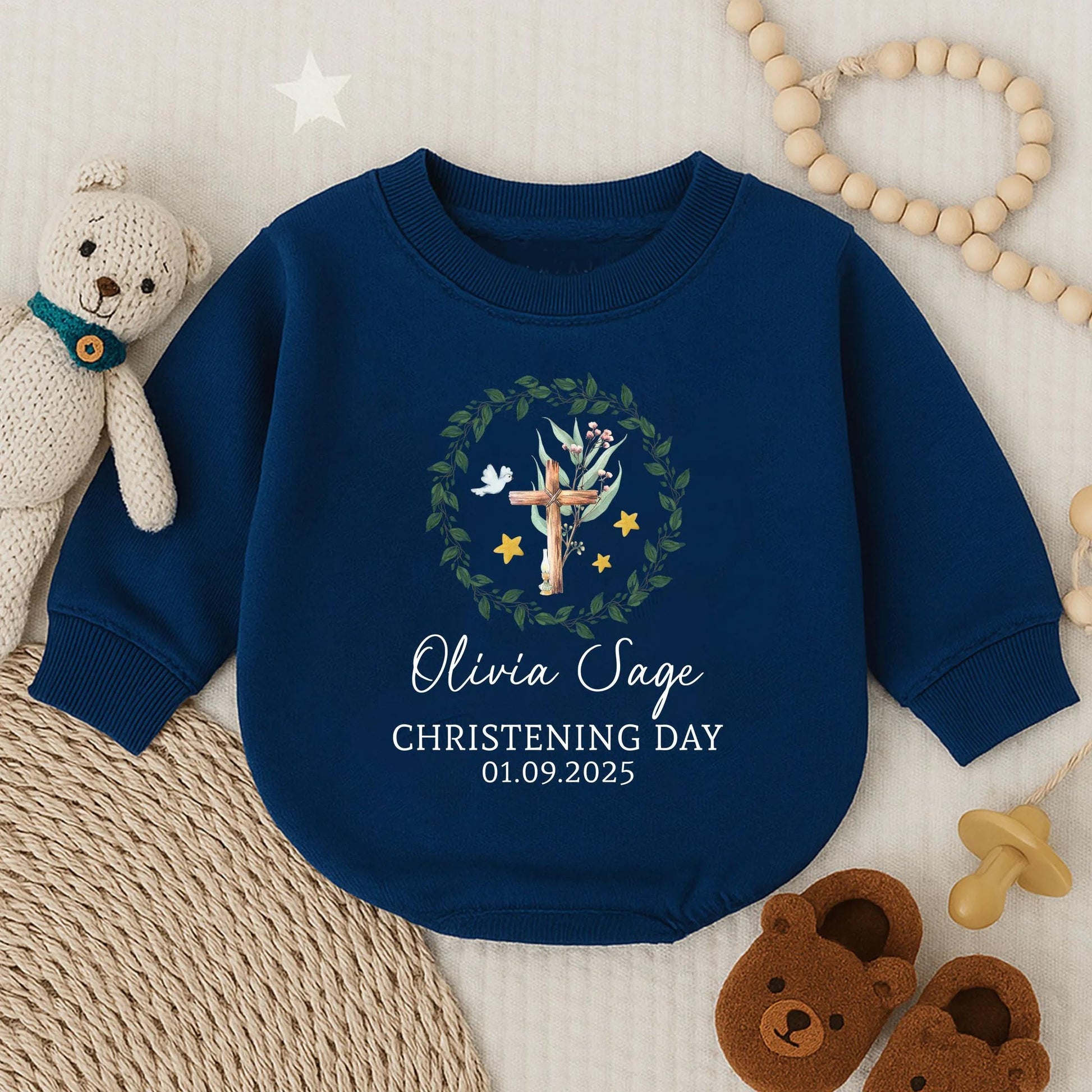 Custom Christening Bubble Romper Long Sleeve Personalized Baptism Baby Girl Outfit Soft Cotton Baby Shower Gift Religious Special Day