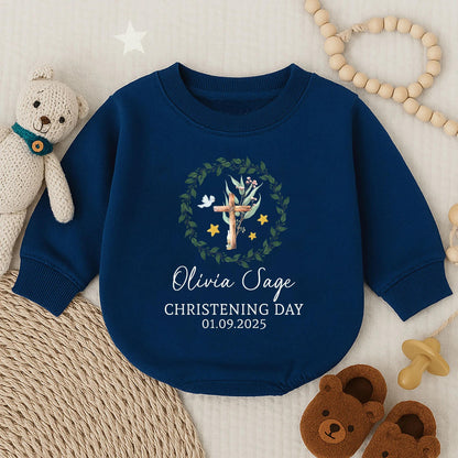 Custom Christening Bubble Romper Long Sleeve Personalized Baptism Baby Girl Outfit Soft Cotton Baby Shower Gift Religious Special Day