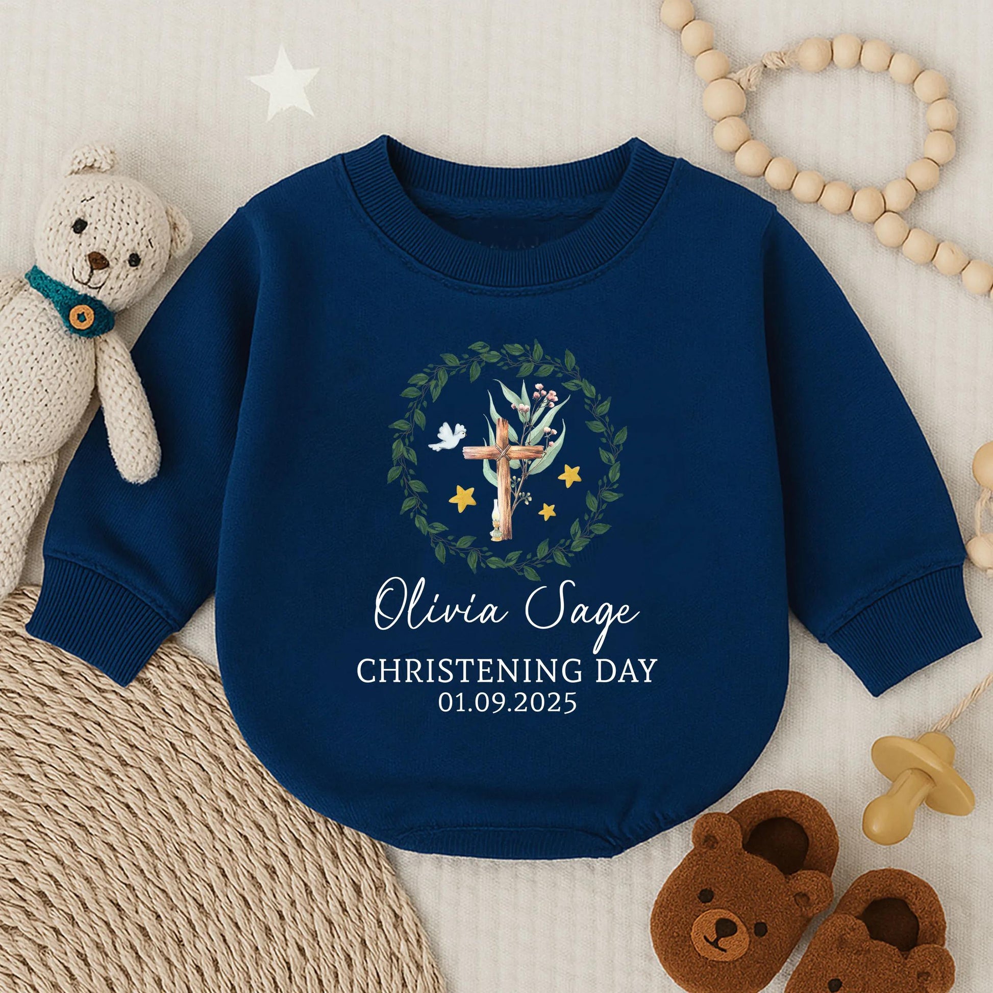 Custom Christening Long Sleeve Bubble Romper for Baby Girl, Personalized Baptism Outfit, Baby Shower Gift Religious Clothes, Girl's Special Day