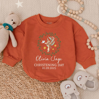 Custom Christening Long Sleeve Bubble Romper for Baby Girl, Personalized Baptism Outfit, Baby Shower Gift Religious Clothes, Girl's Special Day