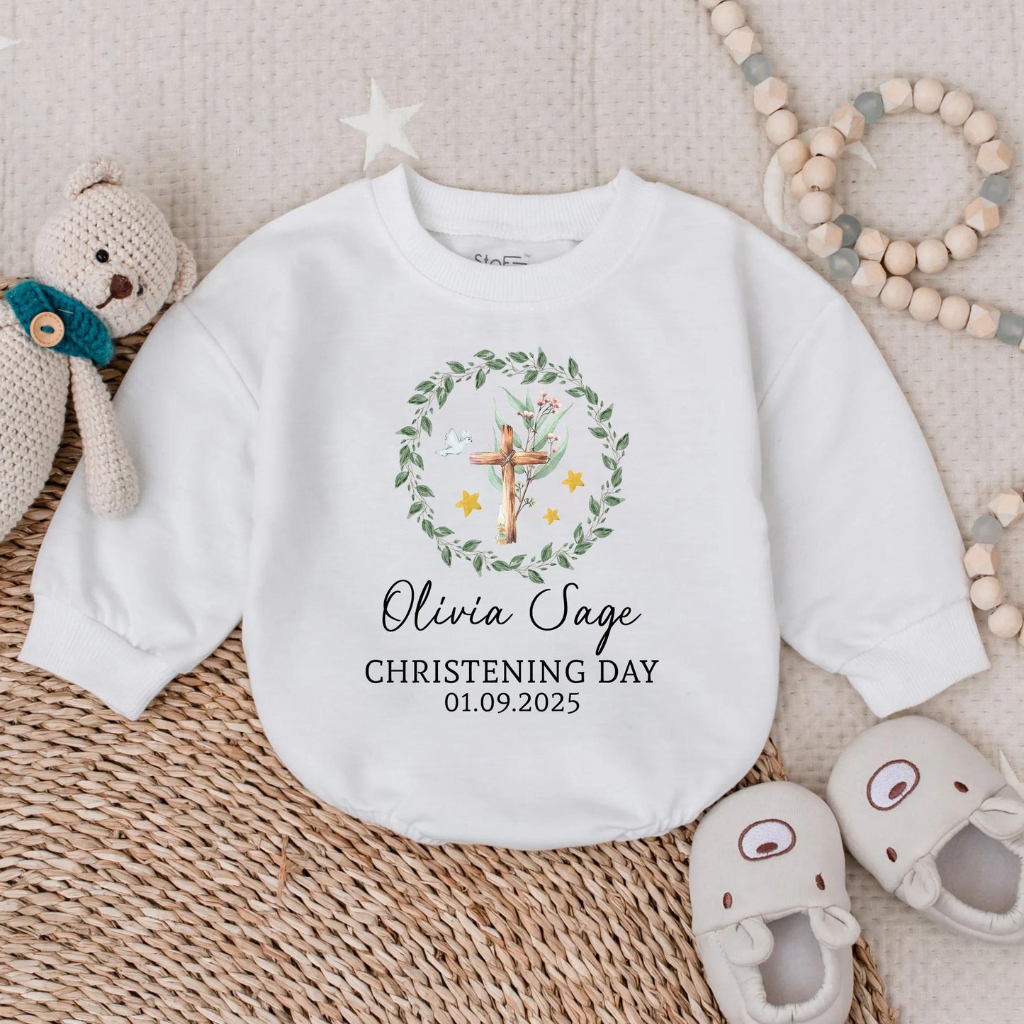 Custom Christening Long Sleeve Bubble Romper for Baby Girl, Personalized Baptism Outfit, Baby Shower Gift Religious Clothes, Girl's Special Day