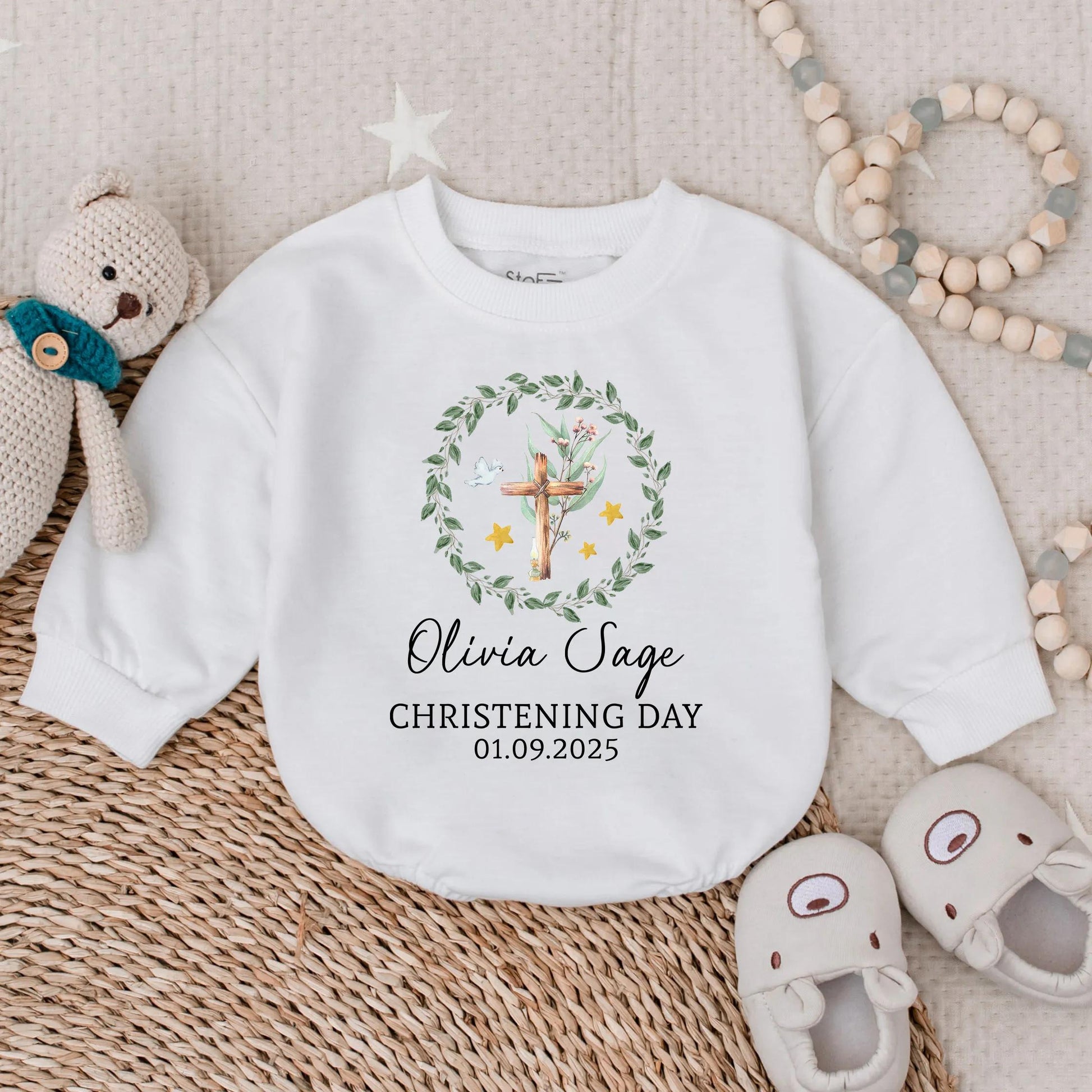 Custom Christening Long Sleeve Bubble Romper for Baby Girl, Personalized Baptism Outfit, Baby Shower Gift Religious Clothes, Girl's Special Day