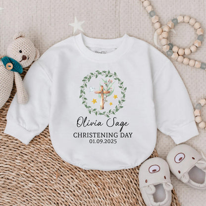 Custom Christening Long Sleeve Bubble Romper for Baby Girl, Personalized Baptism Outfit, Baby Shower Gift Religious Clothes, Girl's Special Day