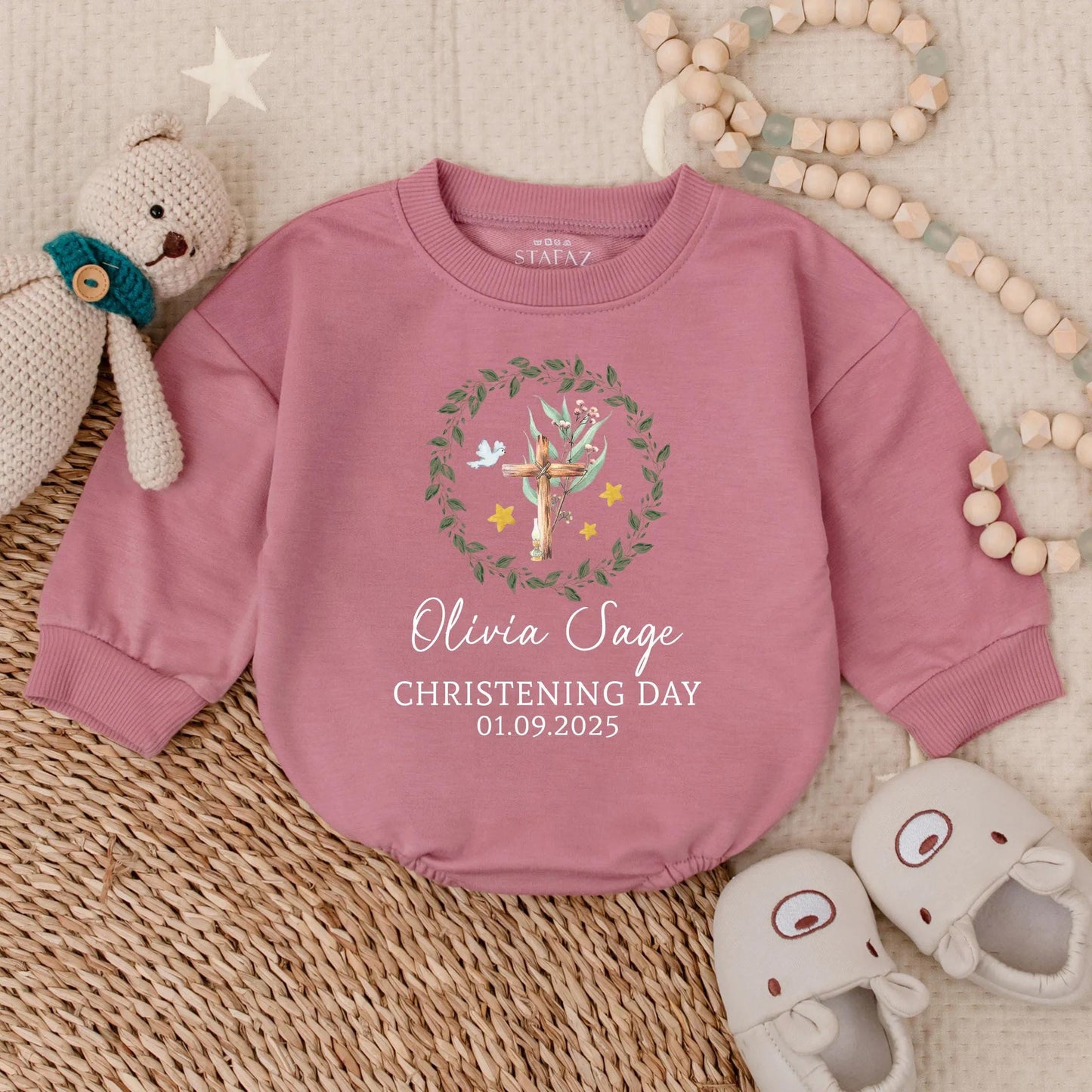 Custom Christening Long Sleeve Bubble Romper for Baby Girl, Personalized Baptism Outfit, Baby Shower Gift Religious Clothes, Girl's Special Day