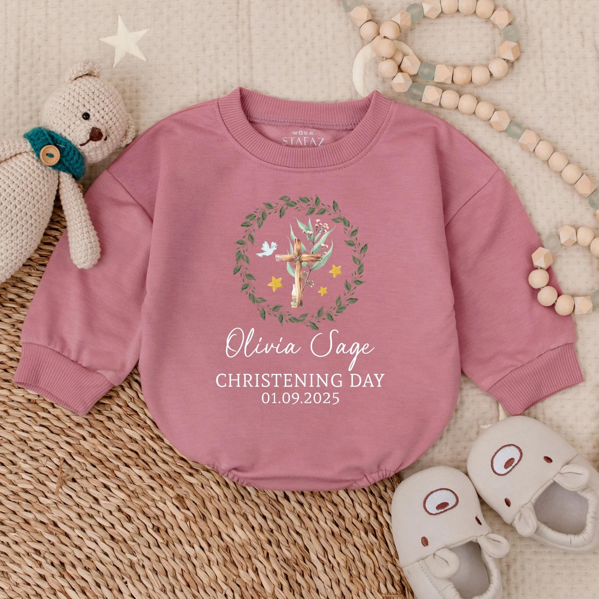 Custom Christening Long Sleeve Bubble Romper for Baby Girl, Personalized Baptism Outfit, Baby Shower Gift Religious Clothes, Girl's Special Day