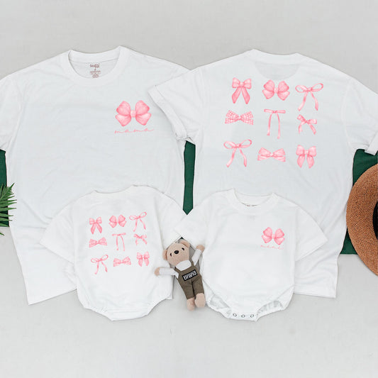 Mama and Mini Bow Matching Family T-Shirts Aesthetic Soft Girl Pink Ribbon Baby Toddler Fashion Outfit Comfortable Cotton Tee