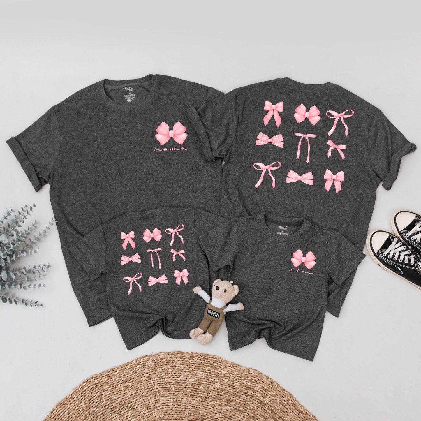 Mama and Mini Bow Matching Family T-Shirts Aesthetic Soft Girl Pink Ribbon Baby Toddler Fashion Outfit Comfortable Cotton Tee