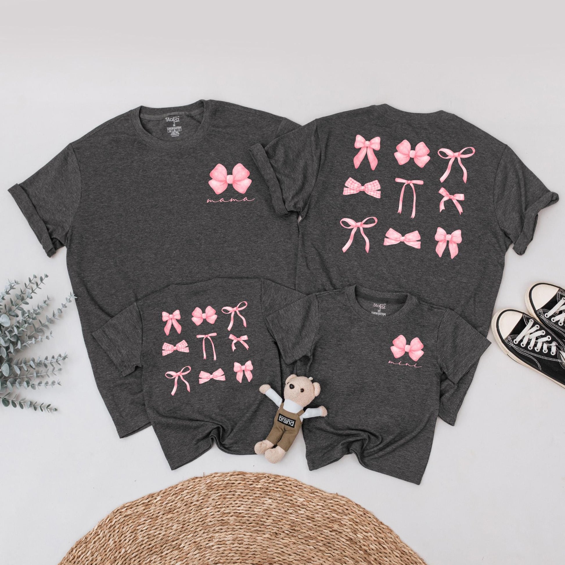 Mama and Mini Bow Matching Family T-Shirts Aesthetic Soft Girl Pink Ribbon Baby Toddler Fashion Outfit Comfortable Cotton Tee