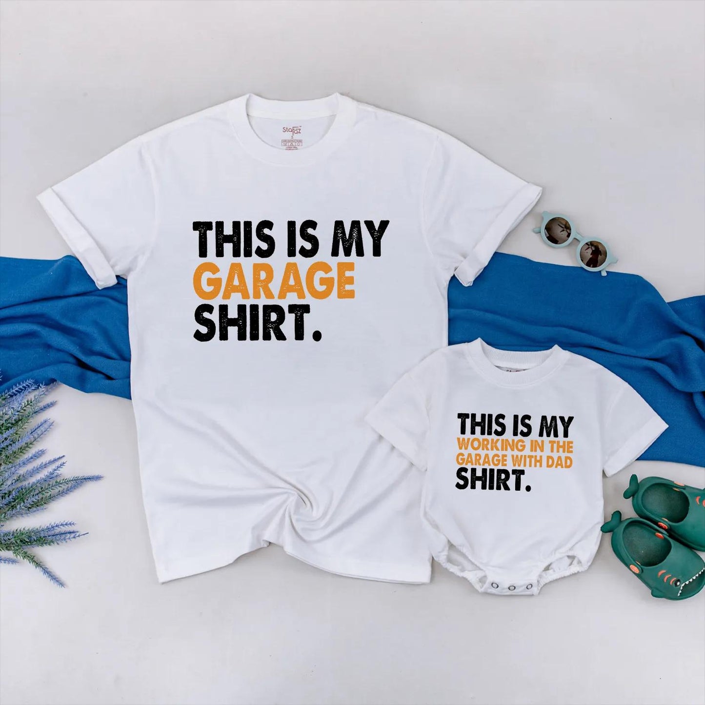 Father and Son Matching Garage Working Shirt for Dad and Little Helper Bonding Crew Comfortable Cotton Tee Handyman Apparel Perfect Fathers Day Gift