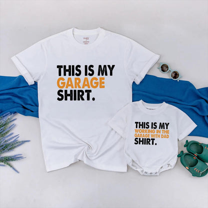 Father and Son Matching Garage Working Shirt for Dad and Little Helper Bonding Crew Comfortable Cotton Tee Handyman Apparel Perfect Fathers Day Gift