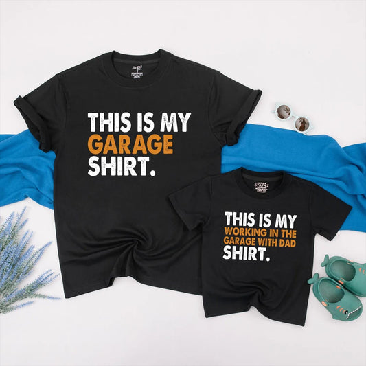 Father and Son Matching Garage Working Shirt for Dad and Little Helper Bonding Crew Comfortable Cotton Tee Handyman Apparel Perfect Fathers Day Gift