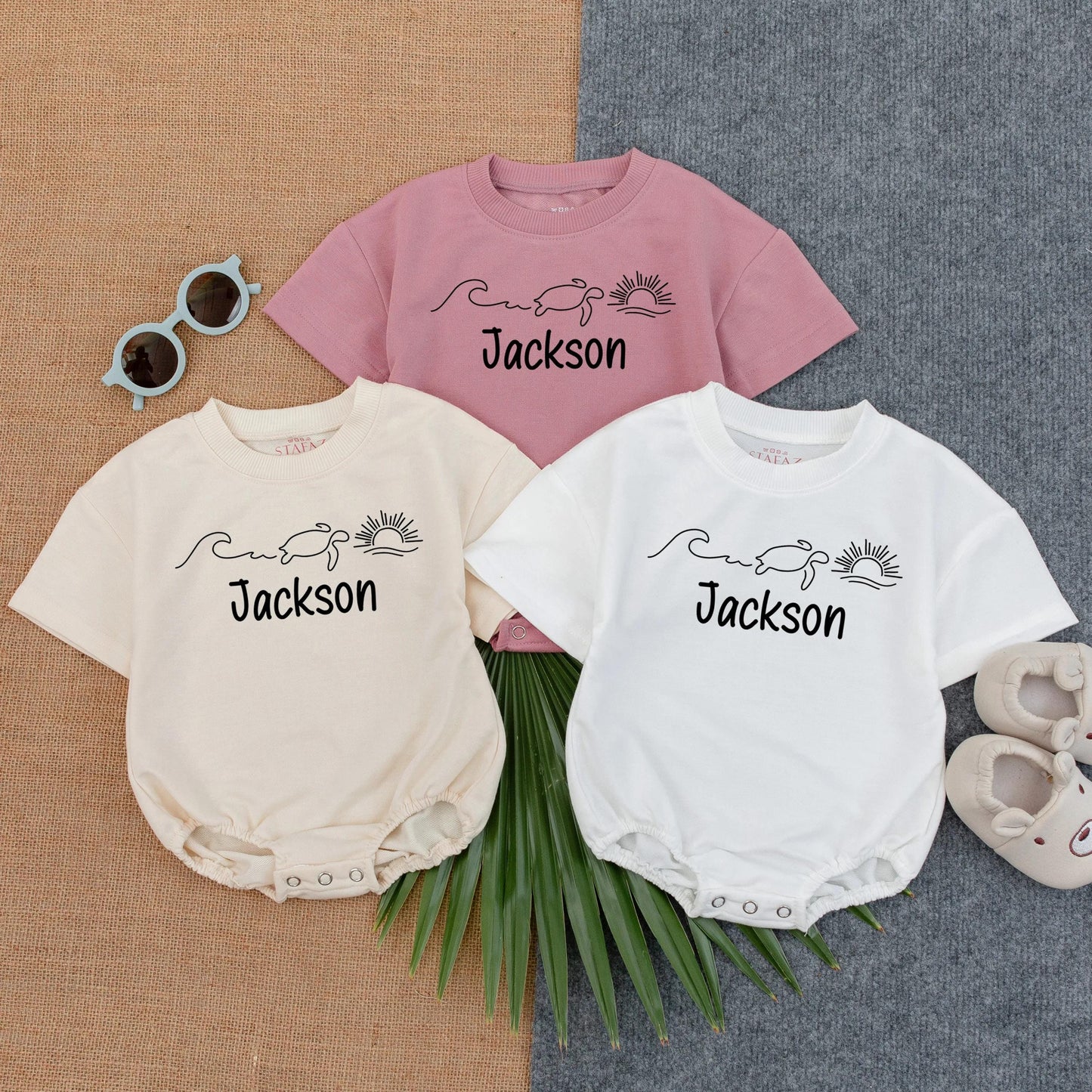 Custom Name Baby Bubble Romper Ocean Turtle Sun Summer Outfit Short Sleeve Baby Clothes Beach Wear Baby Shower Gift Toddler Boy Girl