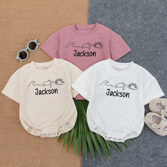 Custom Name Baby Bubble Romper Ocean Turtle Sun Summer Outfit Short Sleeve Baby Clothes Beach Wear Baby Shower Gift Toddler Boy Girl