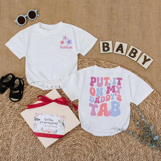 Daddy's Tab Funny Baby Romper, Put It On Daddy's Tab Bodysuit, Father's Day Gift, New Dad Outfit, Daddy's Girl Cotton Romper, Soft, Comfortable (137 chars)