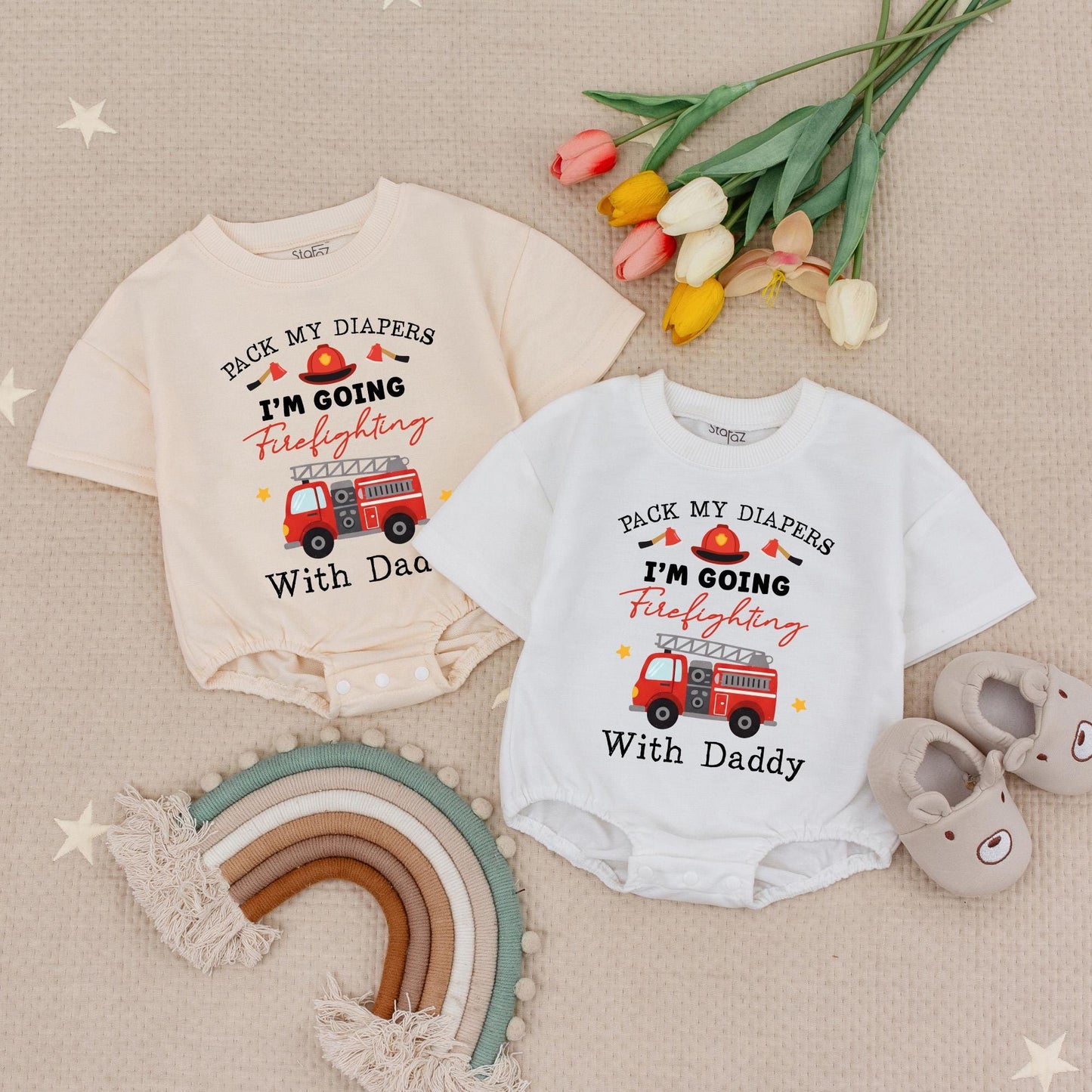 Future Firefighter Baby Romper: Pack My Diapers Firefighting With Daddy! Cute Firetruck Bodysuit, Whimsical Fireman Baby Shower Gift, Newborn Outfit, Red 