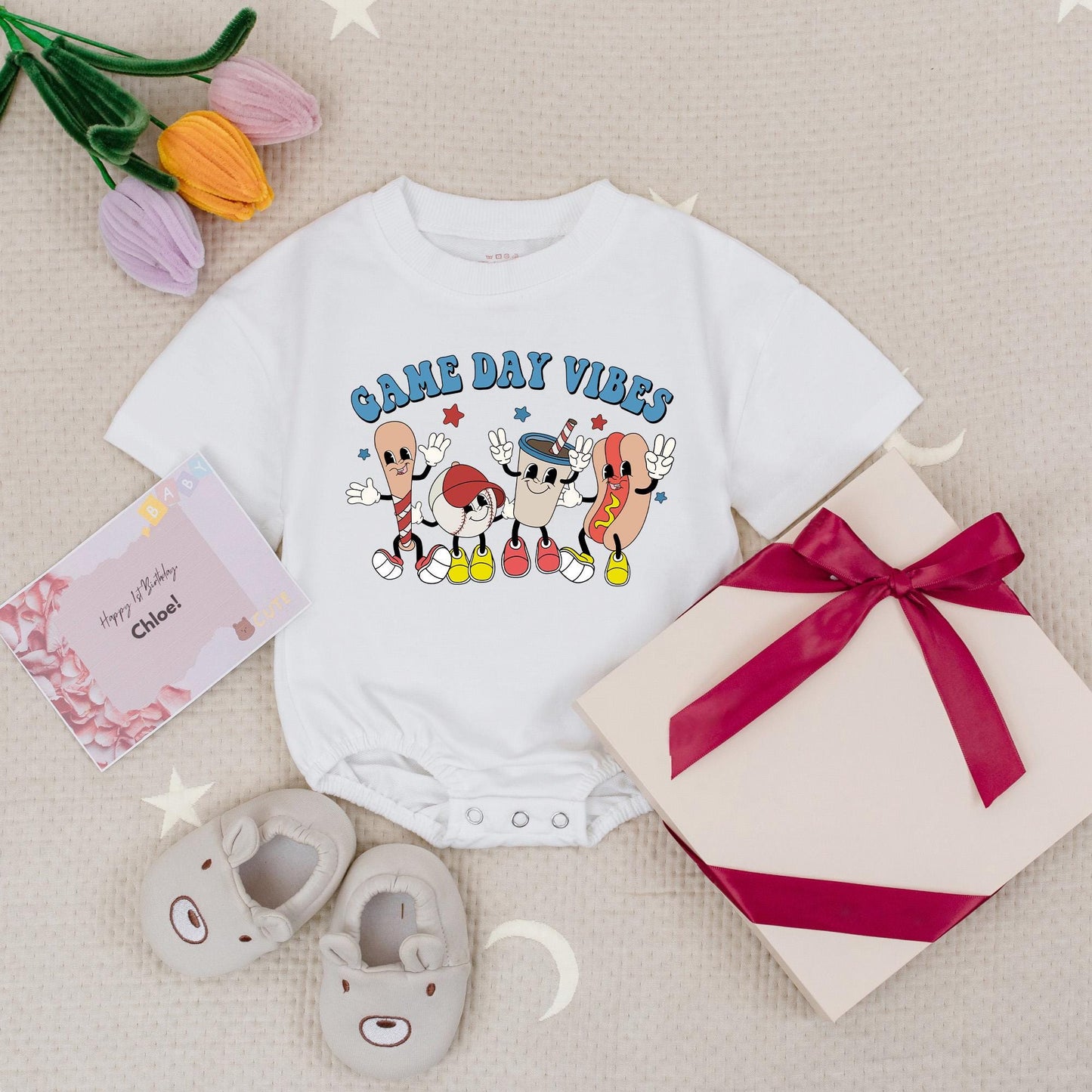 Game Day Vibes Baby Bodysuit Baseball Romper Boys Sporty Gift Retro Graphics with Bat & Hotdog Fun Baby Clothes