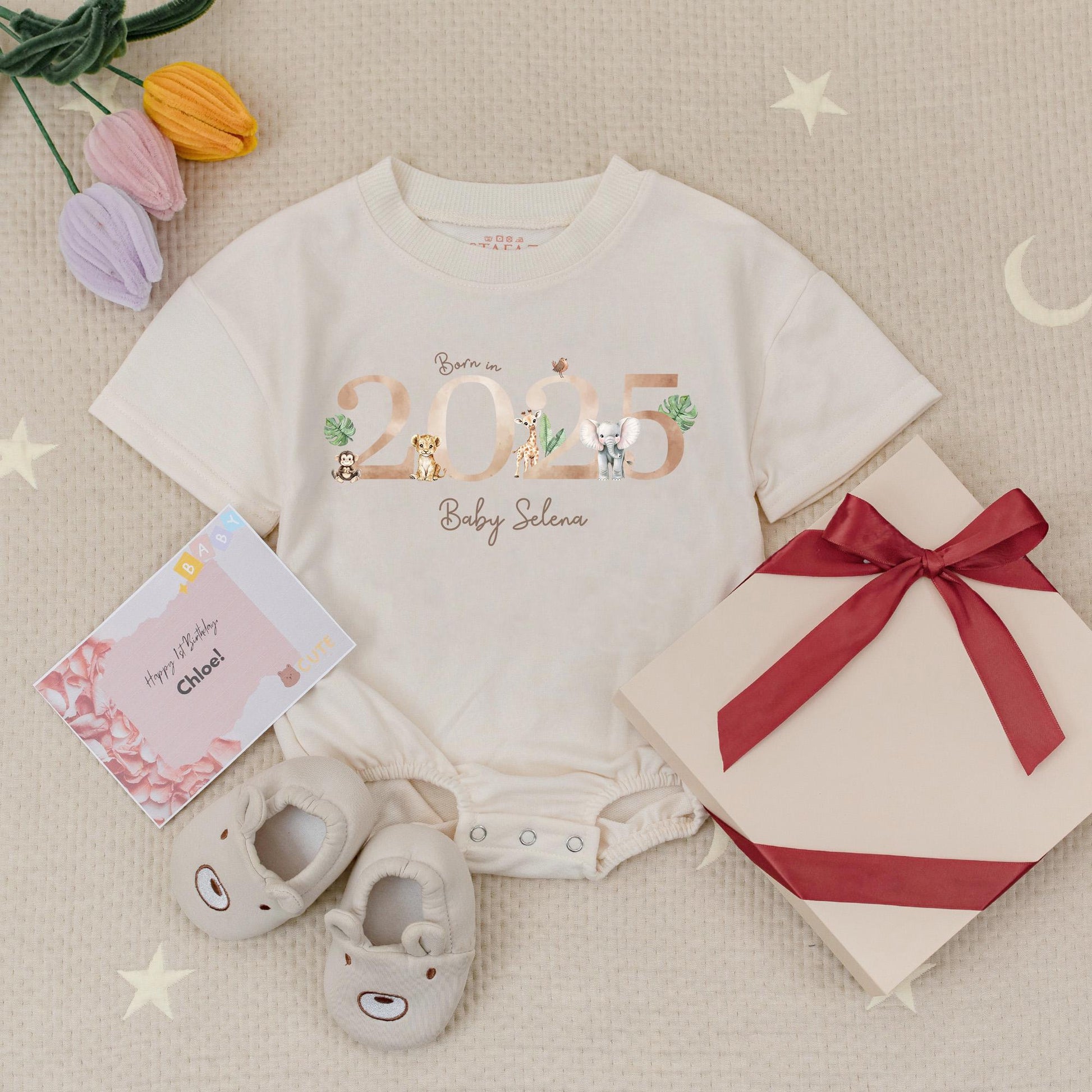 Born in 2025 Safari Baby Romper Personalized Name Gold Year Cute Animal Tropical Leaves Baby Girl Gift First Outfit Going Home