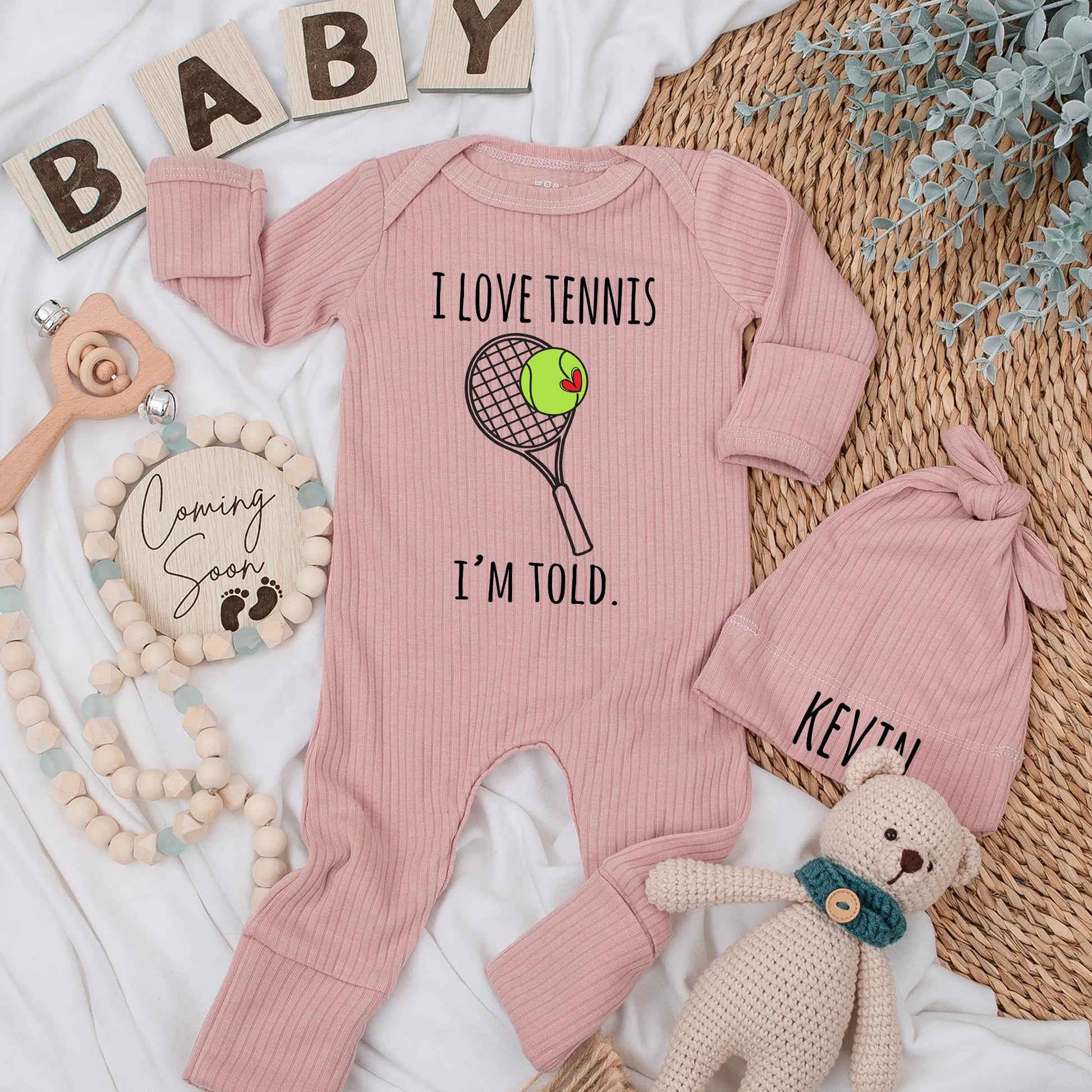 I Love Tennis I'm Told Baby Bodysuit, Funny Tennis Outfit for Baby Boy or Girl, Green Ball with Heart, Newborn Gift, Cute Infant Clothes