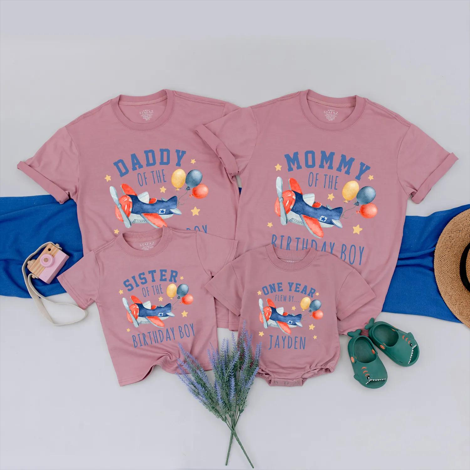Matching Airplane Birthday Outfits: Blue & Red Airplanes with Balloons, Custom Family Shirts, First Birthday Boy/Girl Tees (140 chars)