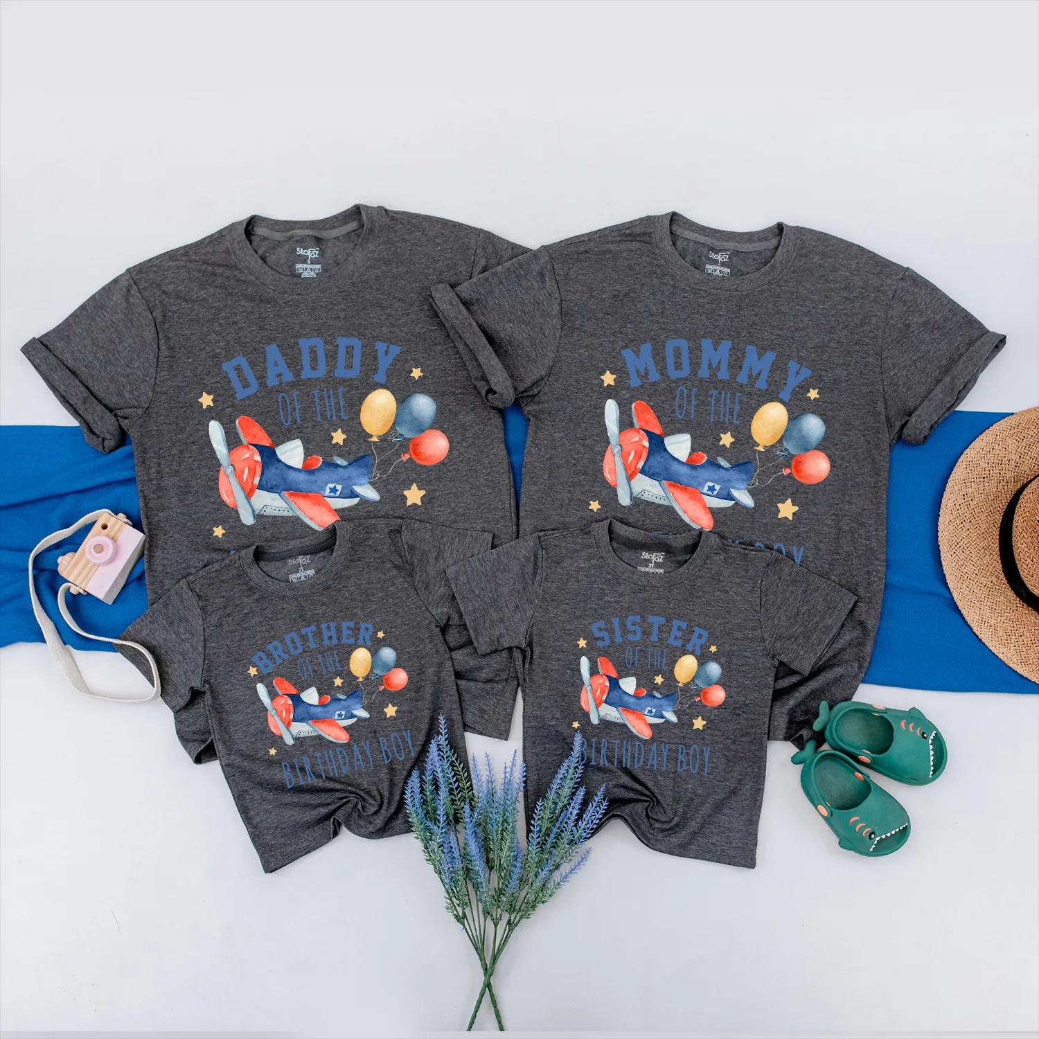 Matching Airplane Birthday Outfits: Blue & Red Airplanes with Balloons, Custom Family Shirts, First Birthday Boy/Girl Tees (140 chars)