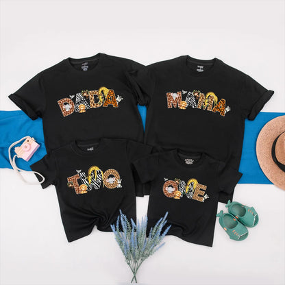 Wild One Safari Birthday Matching Family Shirts Mama Dad Jungle Theme Lion Elephant Zebra Spots Orange Brown Black