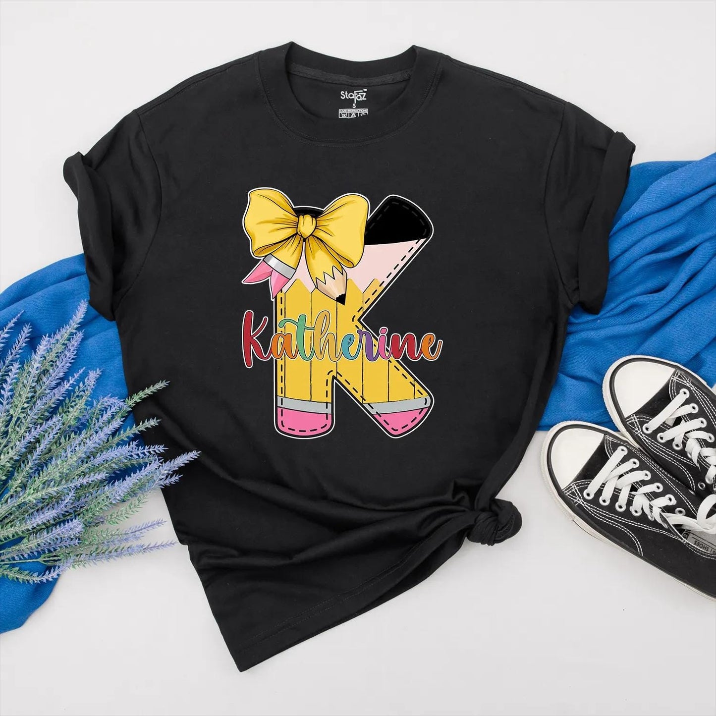 Personalized Pencil Teacher Shirt with Custom Name, Bow and Colorful Design, Teacher Appreciation Gift for Her, Back to School Outfit