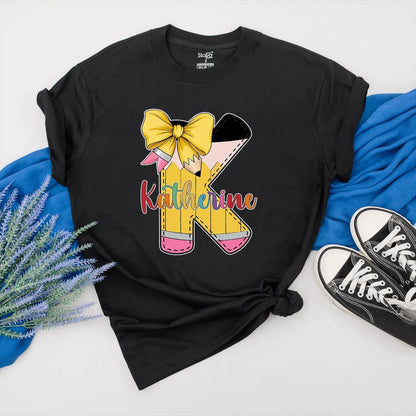 Personalized Pencil Teacher Shirt with Custom Name, Bow and Colorful Design, Teacher Appreciation Gift for Her, Back to School Outfit