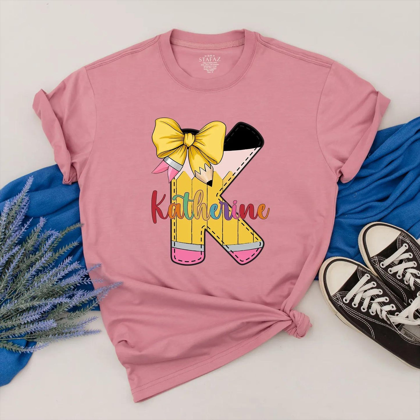 Personalized Pencil Teacher Shirt with Custom Name, Bow and Colorful Design, Teacher Appreciation Gift for Her, Back to School Outfit