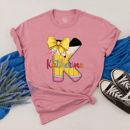 Personalized Pencil Teacher Shirt with Custom Name, Bow and Colorful Design, Teacher Appreciation Gift for Her, Back to School Outfit