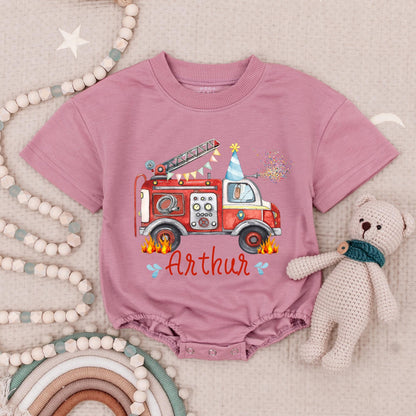 Arthur's Fire Truck Birthday Romper: Personalized First Birthday Outfit, Fun Fire Engine Party Babysuit, Cute Flames Design for Little Boys, Custom Name