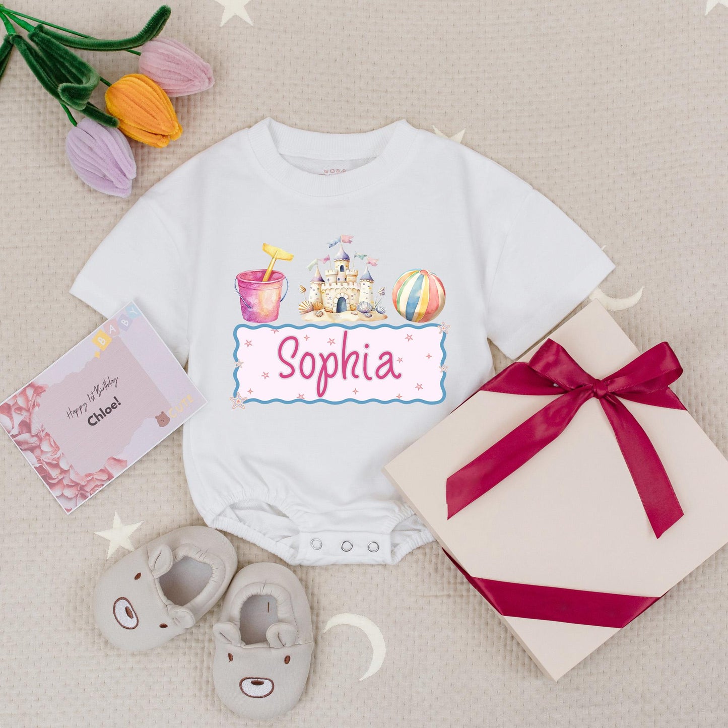 Sophia's Beach Day Romper: Personalized Sandcastle Summer Fun! Custom Name Baby Bodysuit for Girls, Cute Beach Outfit, Vacation Babysuit, Beach Babe Style