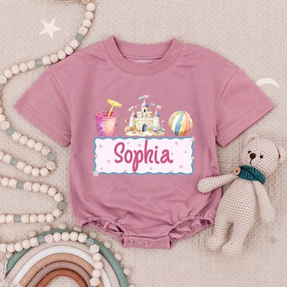 Sophia's Beach Day Romper: Personalized Sandcastle Summer Fun! Custom Name Baby Bodysuit for Girls, Cute Beach Outfit, Vacation Babysuit, Beach Babe Style