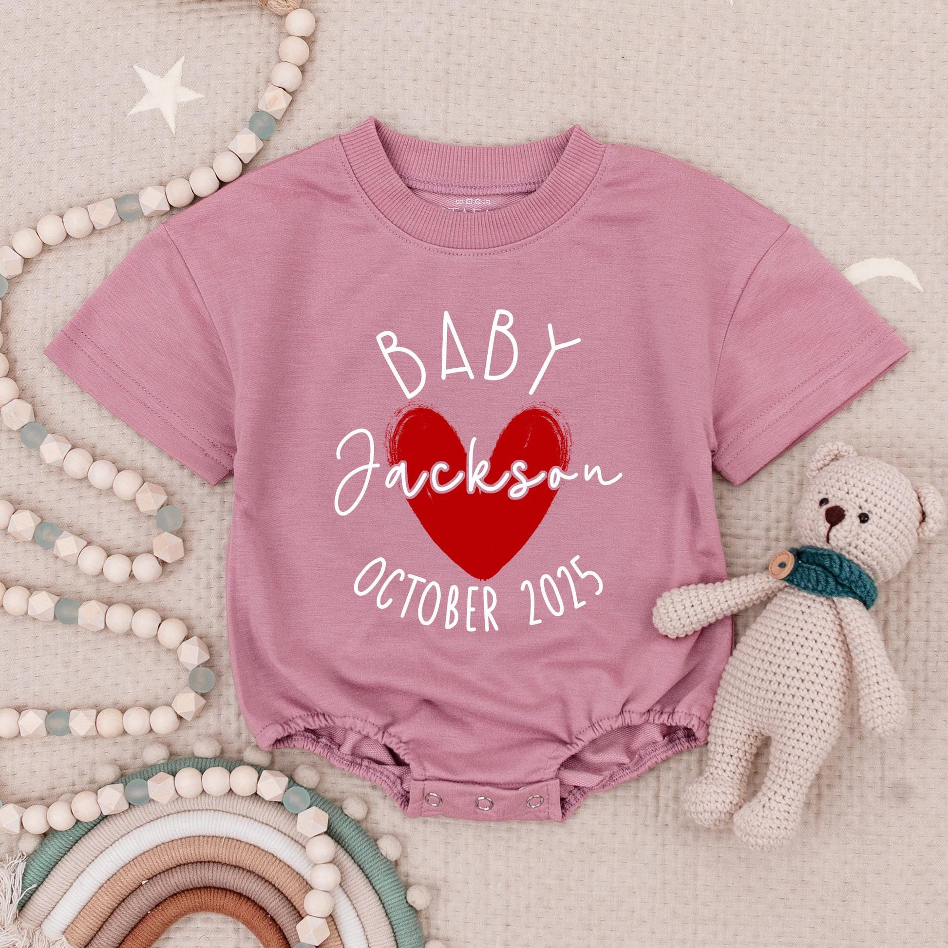 Personalized Baby Announcement Romper Expecting Parents Gift Name Due Date Heart Design Modern Reveal Bodysuit October
