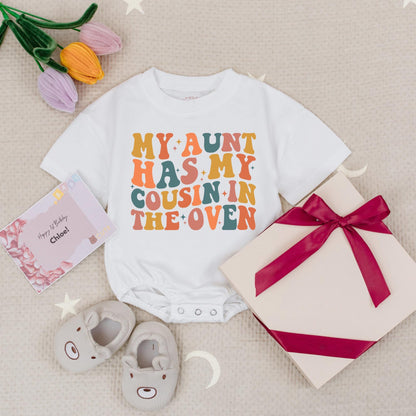 My Aunt Has My Cousin in the Oven Baby Romper Groovy Pregnancy Announcement Retro Teal Pink Orange Retro